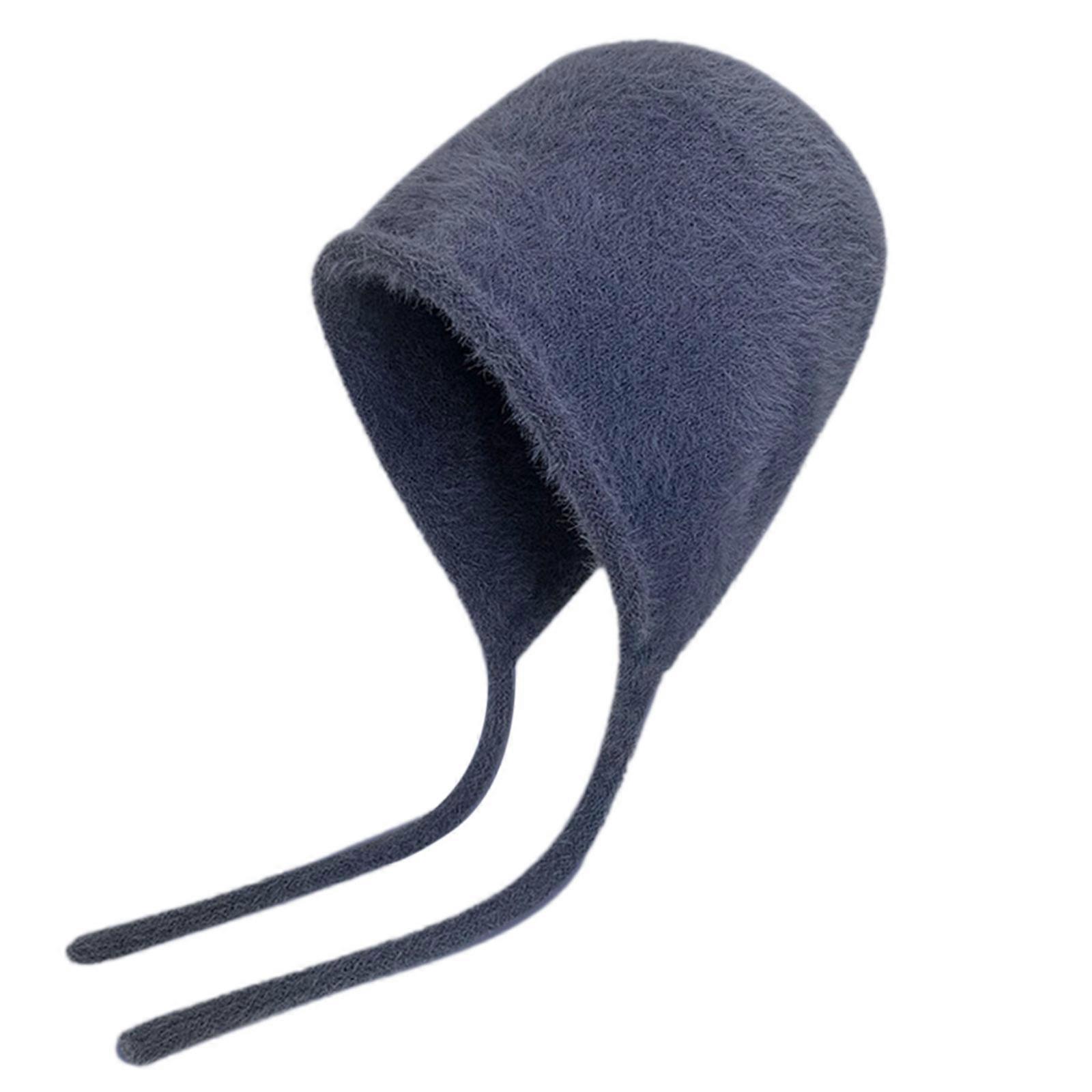 Women's Solid Color Knitted Hat with String Fluffy Winter Warmer Knitted Cap Cold Winter Presents for Girlfriend  navy blue