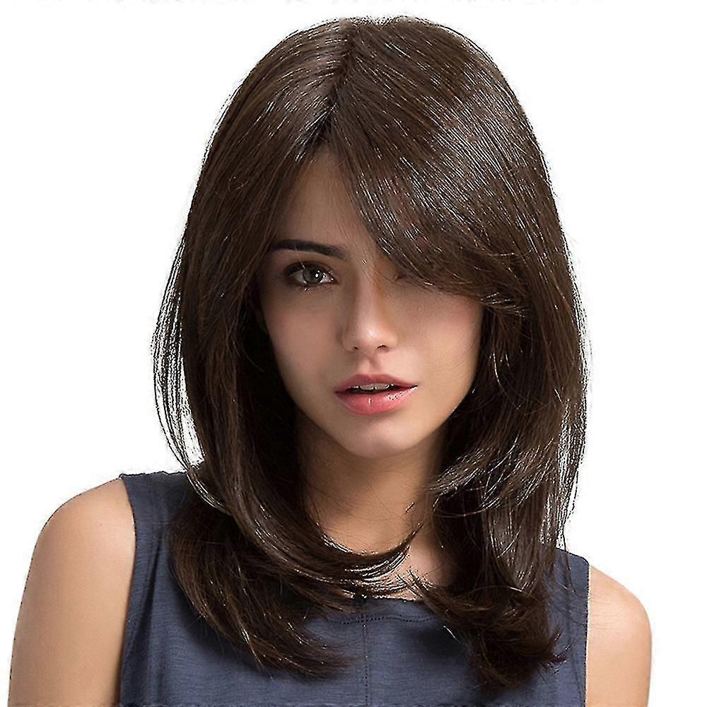 Mulheres Cabelo Perucas Natural Wave Dark Brown Side Parting With Bangs