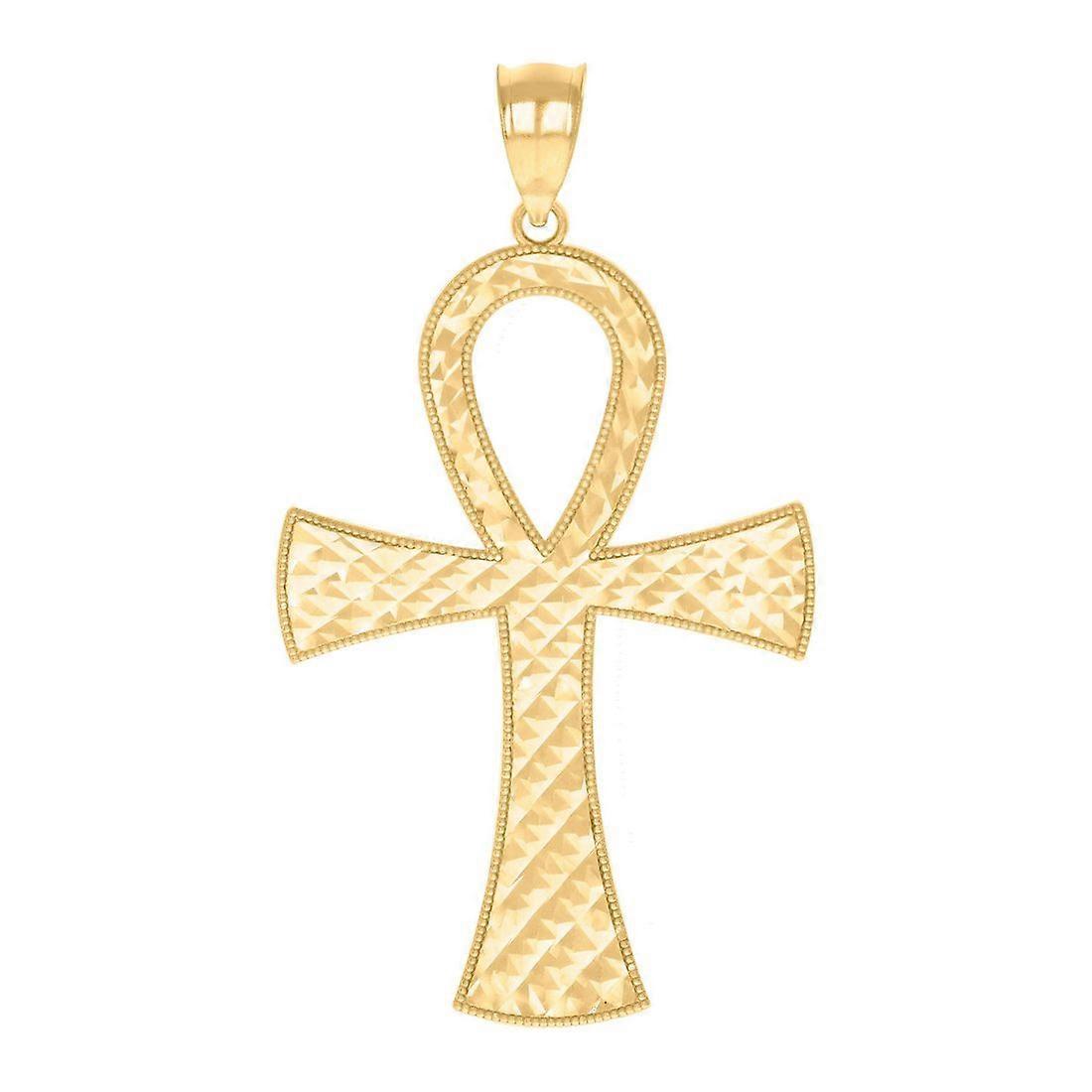 10Kイエローゴールドメンズエジプトアンククロス宗教チャームペンダント51.7x26.7mm男性用ワイドネックレス