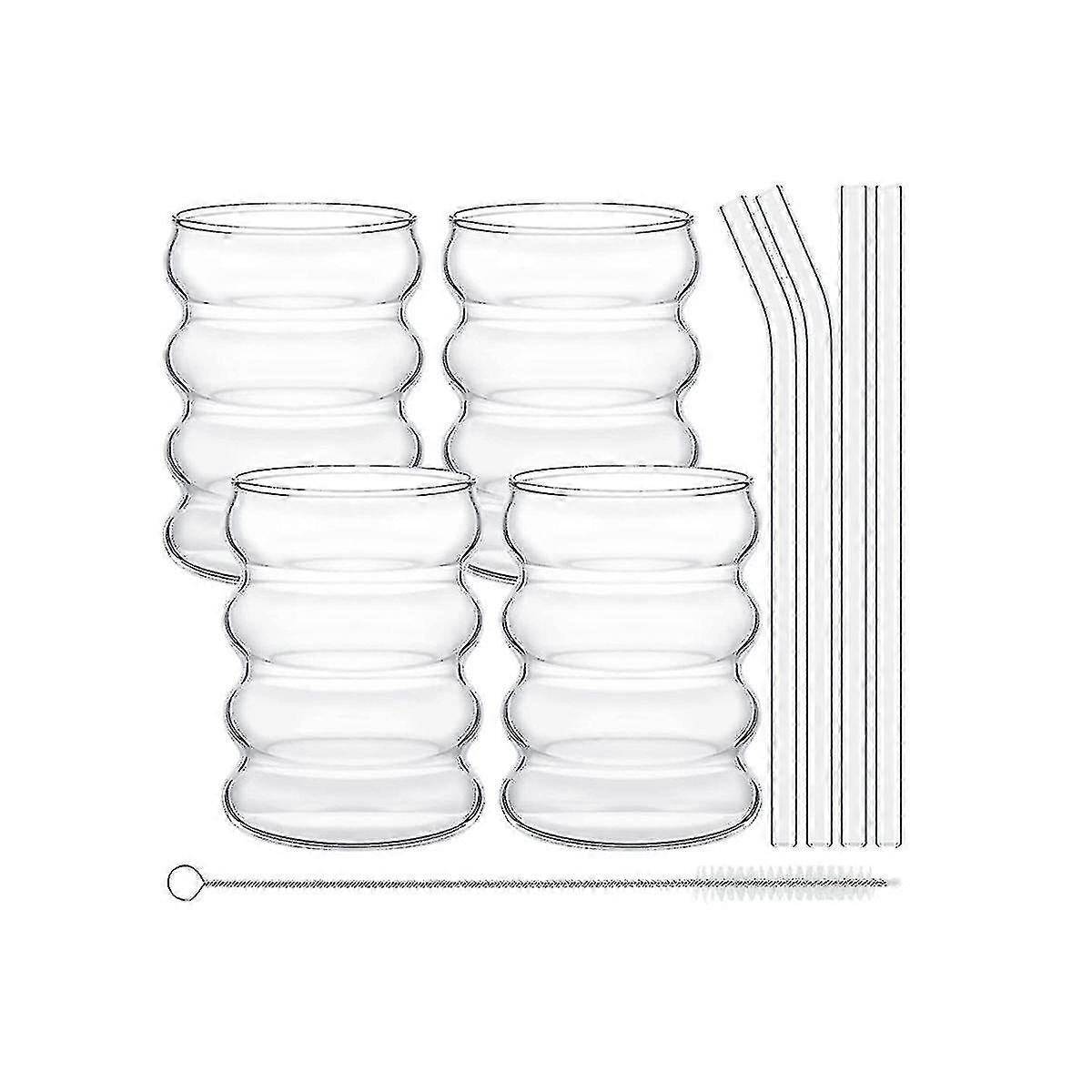 Paquet de 4 verres rétro ondulés mignons avec pailles - Verrerie nervurée pour le café et le jus