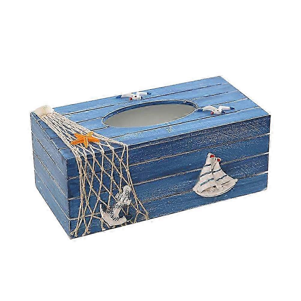 地中海の木製ティッシュボックス - 青いヨットデザインの家の装飾