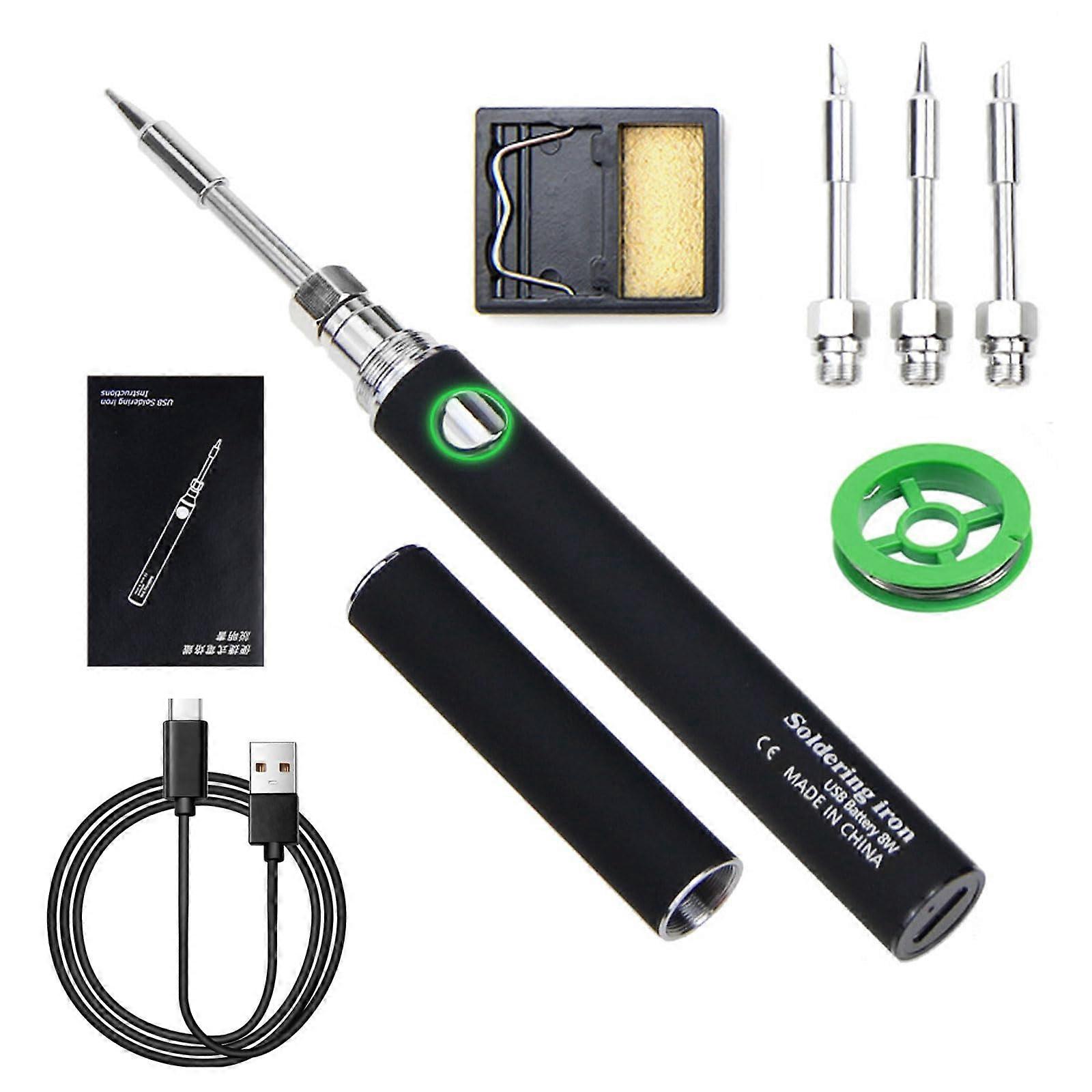 Soldering Iron Set, Black USB Rechargeable Iron with 3 Interchangeable Tips, Adjustable Temperature 100-400 °C, Portable Wireless Design