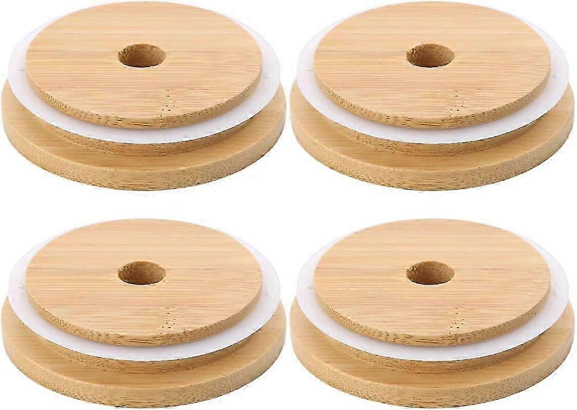 4 Pack Wide Mouth Bamboo Jar Lids with Straw Hole - Leak-Proof Reusable Bamboo Caps for Canning and Drinking