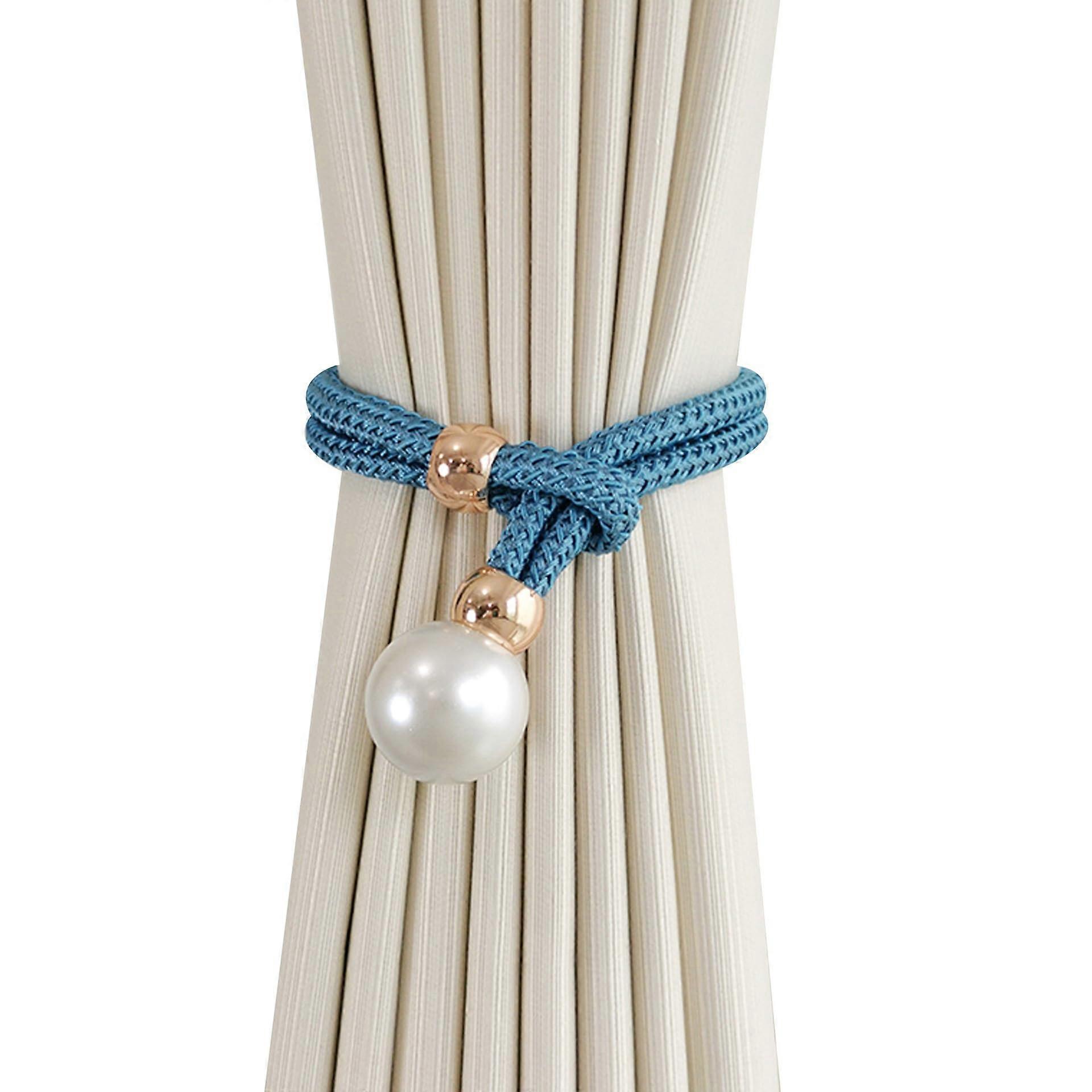 Universal curtain rods without drilling, adjustable tiebacks with beads, decorative holders (blue, 2pack)