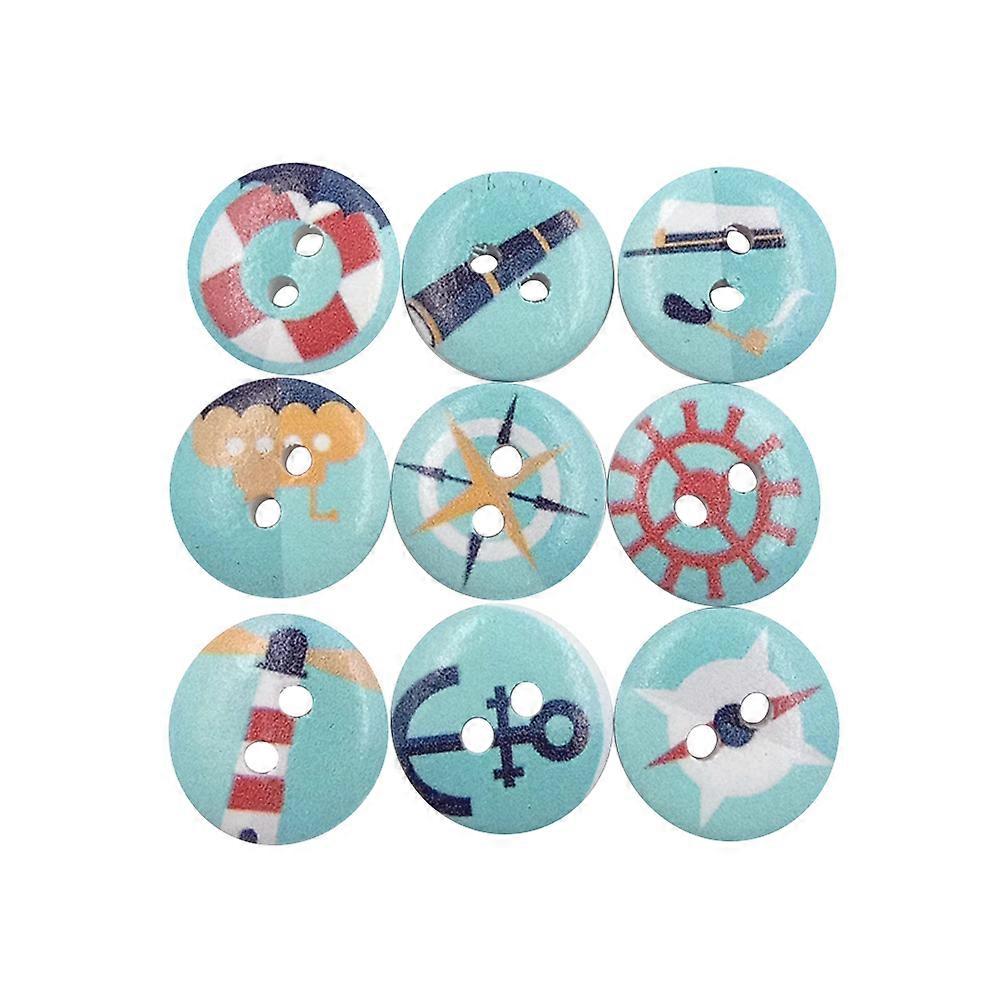 Navy Series Buttons Wooden Craft Projects Artists Round Wide Side Assorted Color 50Pcs
