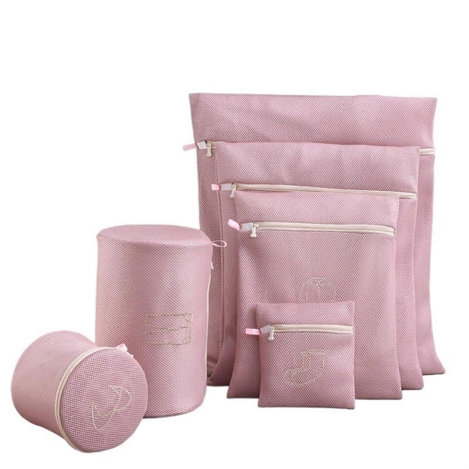 Laundry Bag 6Size Set With Embroidery, Pink, Washing-Machine Safe, Large-Capacity Sorting Net For Underwear, Bras, Socks