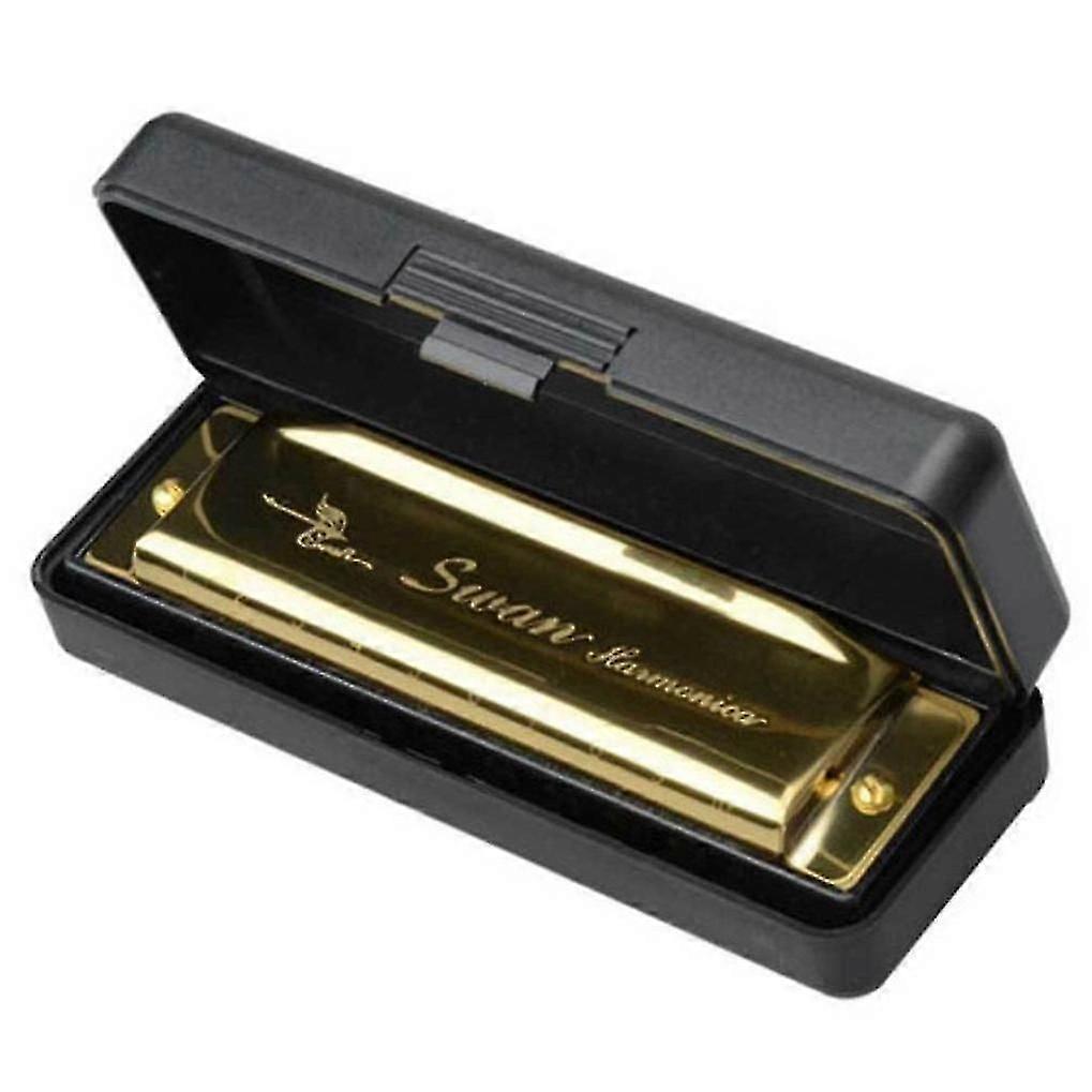 Swan Harmonica 10 Holes Key Of C Golden With Case Harp Metal Steel New