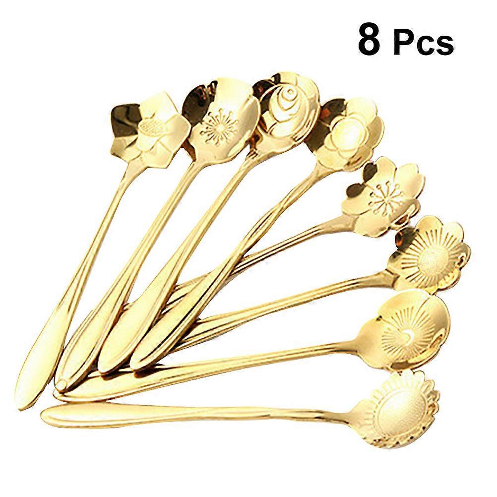 Cherry Blossom Spoon Stainless Steel Dessert Scoop Stirring Spoon Use Golden 8Pcs