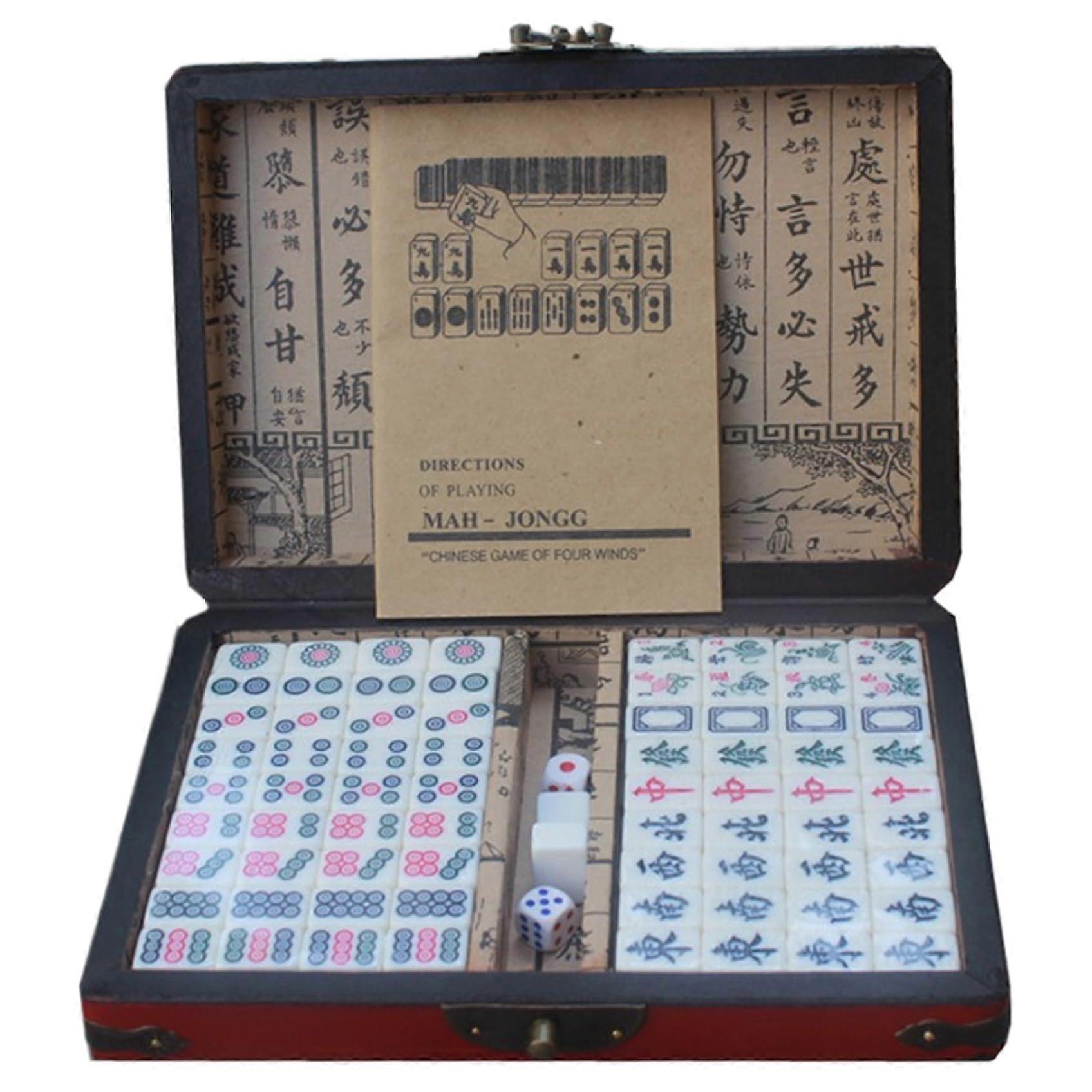 Antique Chinese Mahjong Set, 0.9 x 0.6 x 5 Inch with Storage Box and Accessories