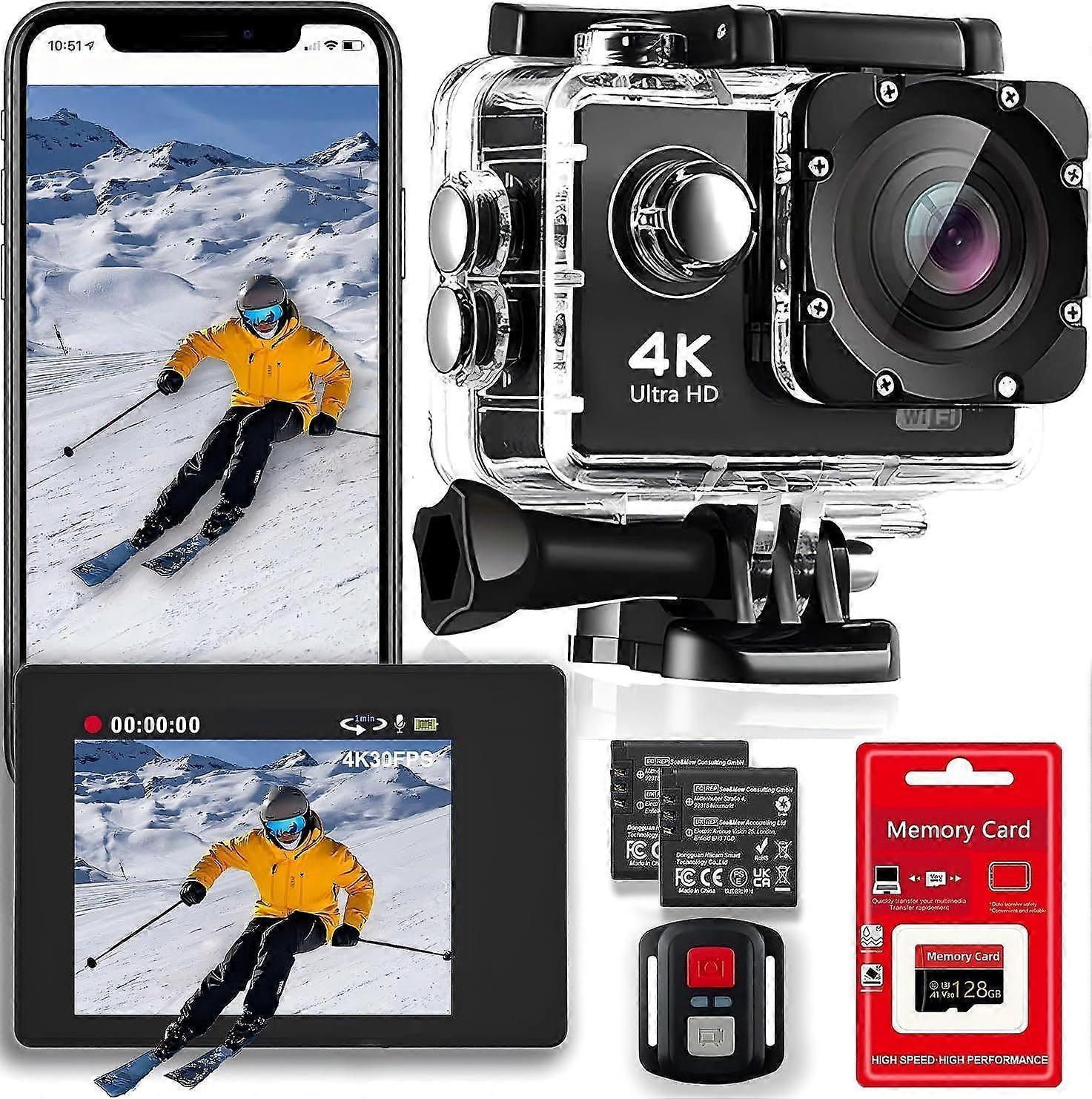 2025 Latest Model 4K 30FPS WiFi Action Camera with 128GB Memory Card- 98FT