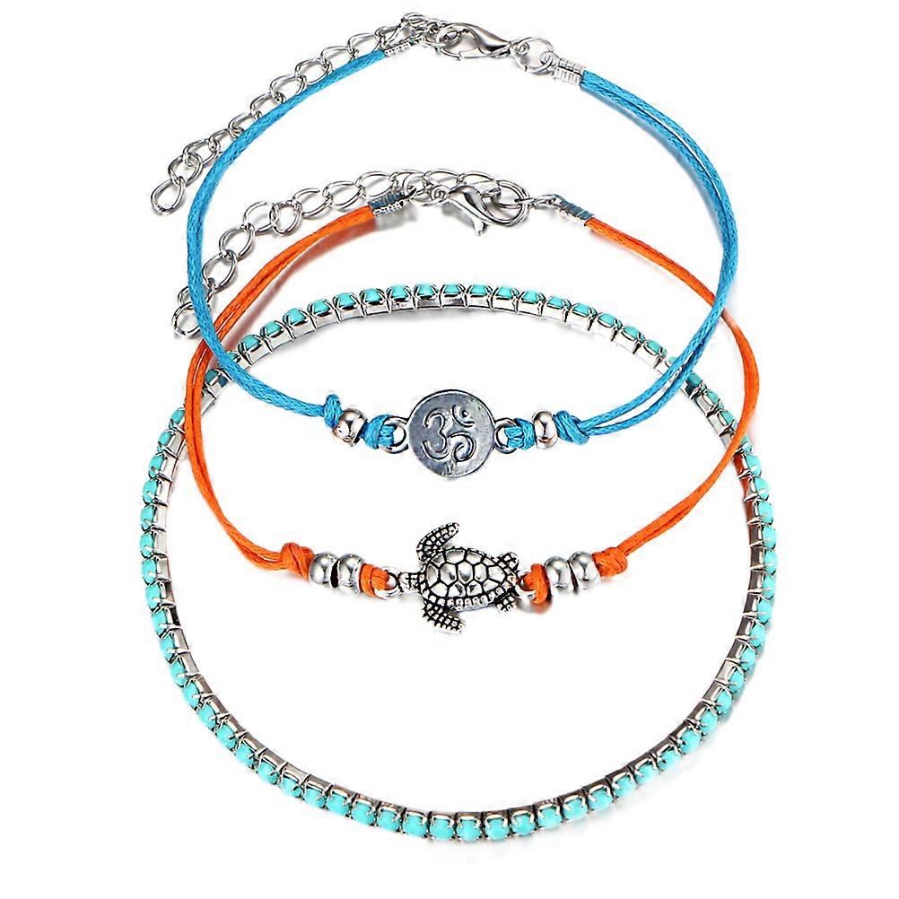 Women's Fashionable Tricolor Bracelet Set with Rune Turtle Pendant and Adjustable Wax Cord 3 Pieces