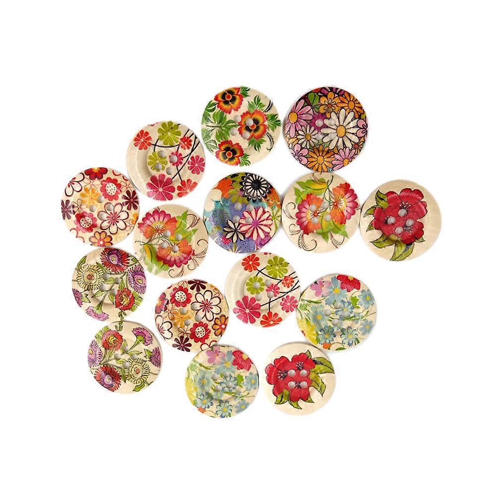 Wide-Brimmed Printed Wood Buttons for Sewing Use 50Pcs DIY Colorful Four-Eye Buttons