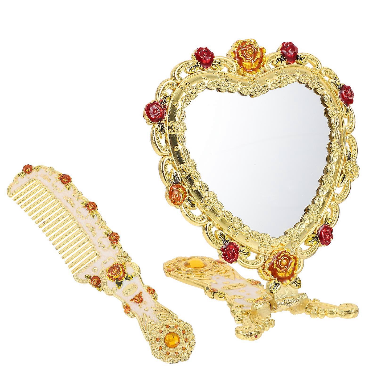 Heart-shaped Handle Cosmetic Mirror And Comb Set For Travel And Family With Golden Color 2Pcs