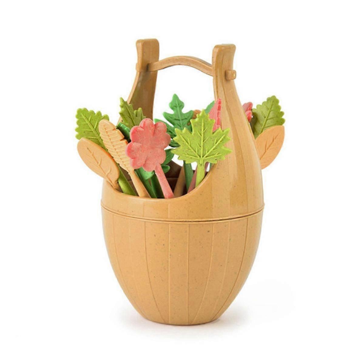 Children'S Wheat Straw Fruit Fork with Storage Bucket Bento Box Decorated Fruit Cocktail Dessert, Mini Toothpick,Brown