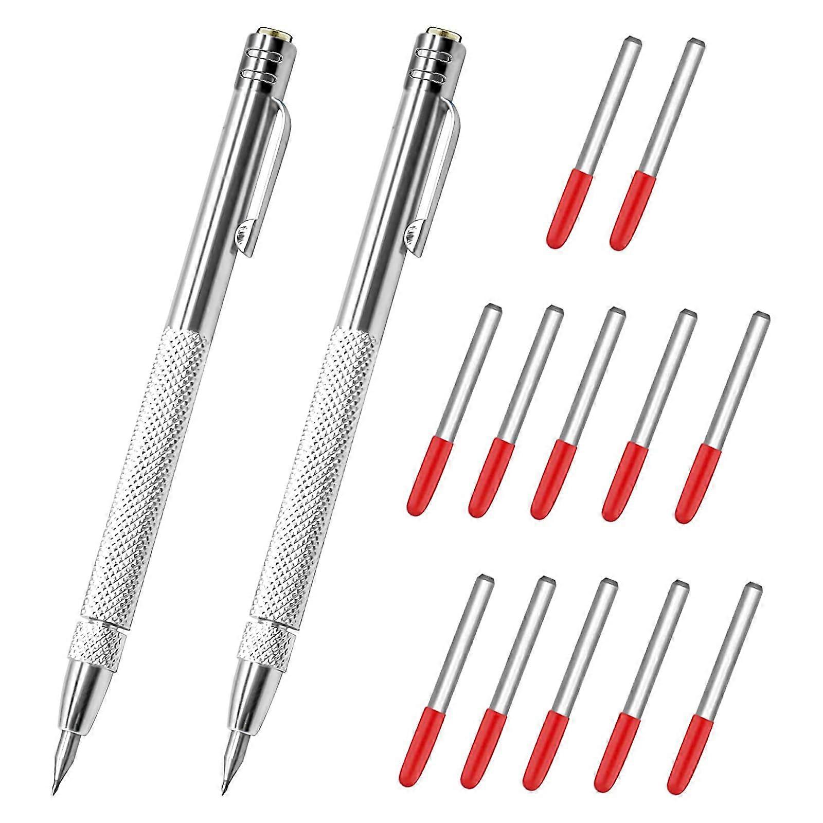 Tungsten Carbide Pens Pack of 2, Deep Hole Marker Pencil with Magnet, Scribing Tool with 12 Red Hat Replacement Tips for Glass and Sheet Metal