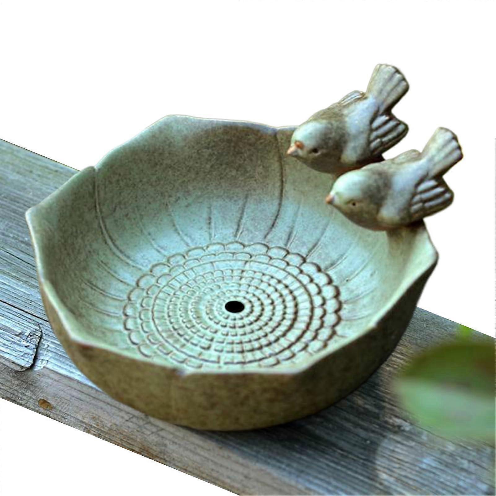 Floor Ceramic Bird Bath with Ground Feeding Basin for Birds and Squirrels, Artistic Tray for Butterflies and Hummingbirds