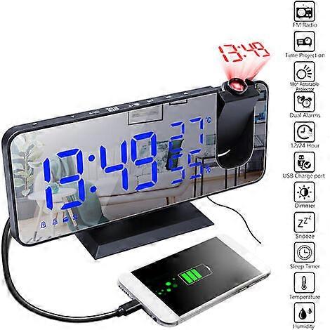Digital Projection Alarm Clock with Mirror Surface 4-in-1 180° Projector Clock Indoor Temperature Humidity Monitor LED Display, White, Blue Fonts -