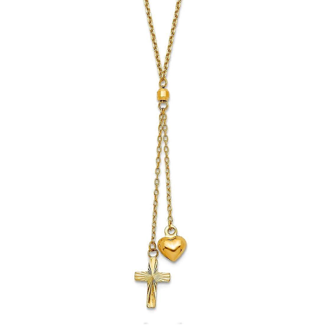 14k Yellow Gold Dangle Polished Spring-Ring Puffed Love Heart and Sparkle Cut Religious Faith Cross Graduated Chain With