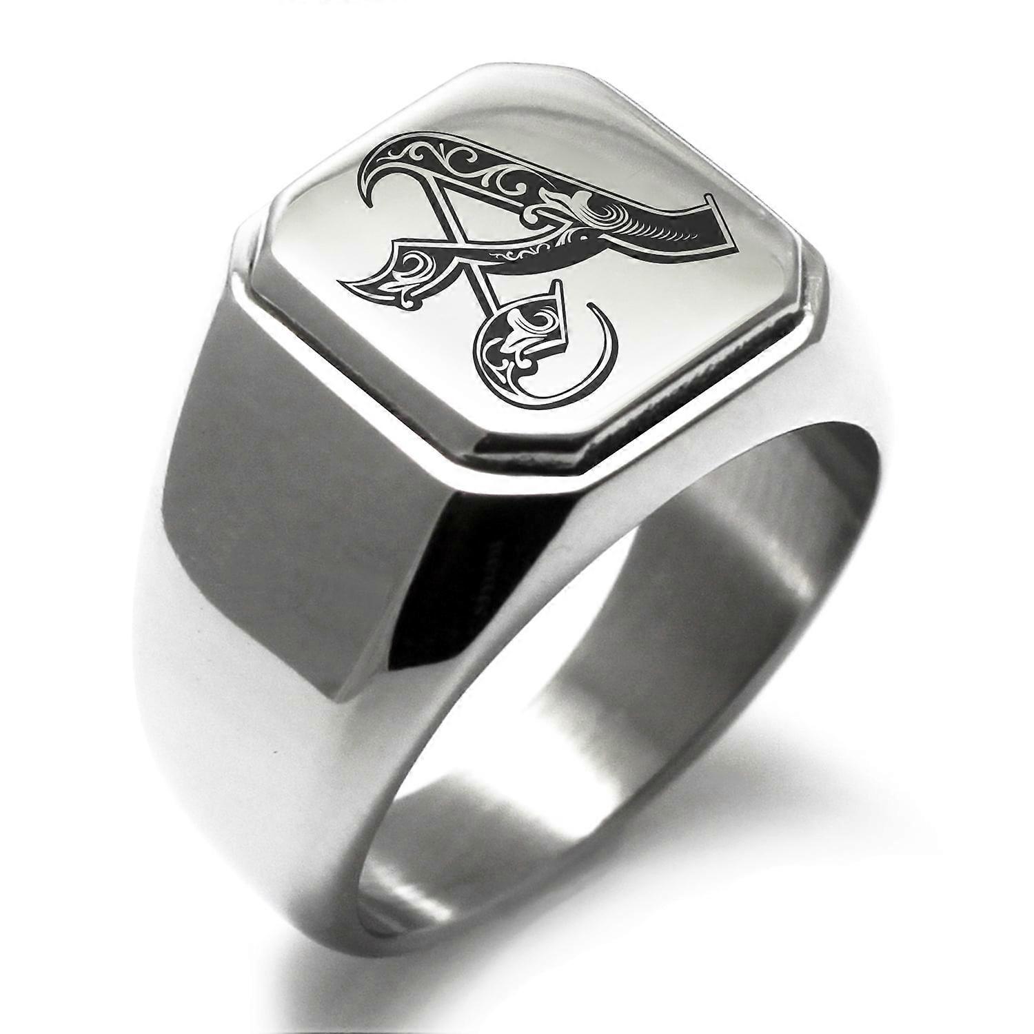 Stainless Steel Letter A Initial Royal Monogram Engraved Engraved Square Flat Top Biker Style Polished Signet Ring
