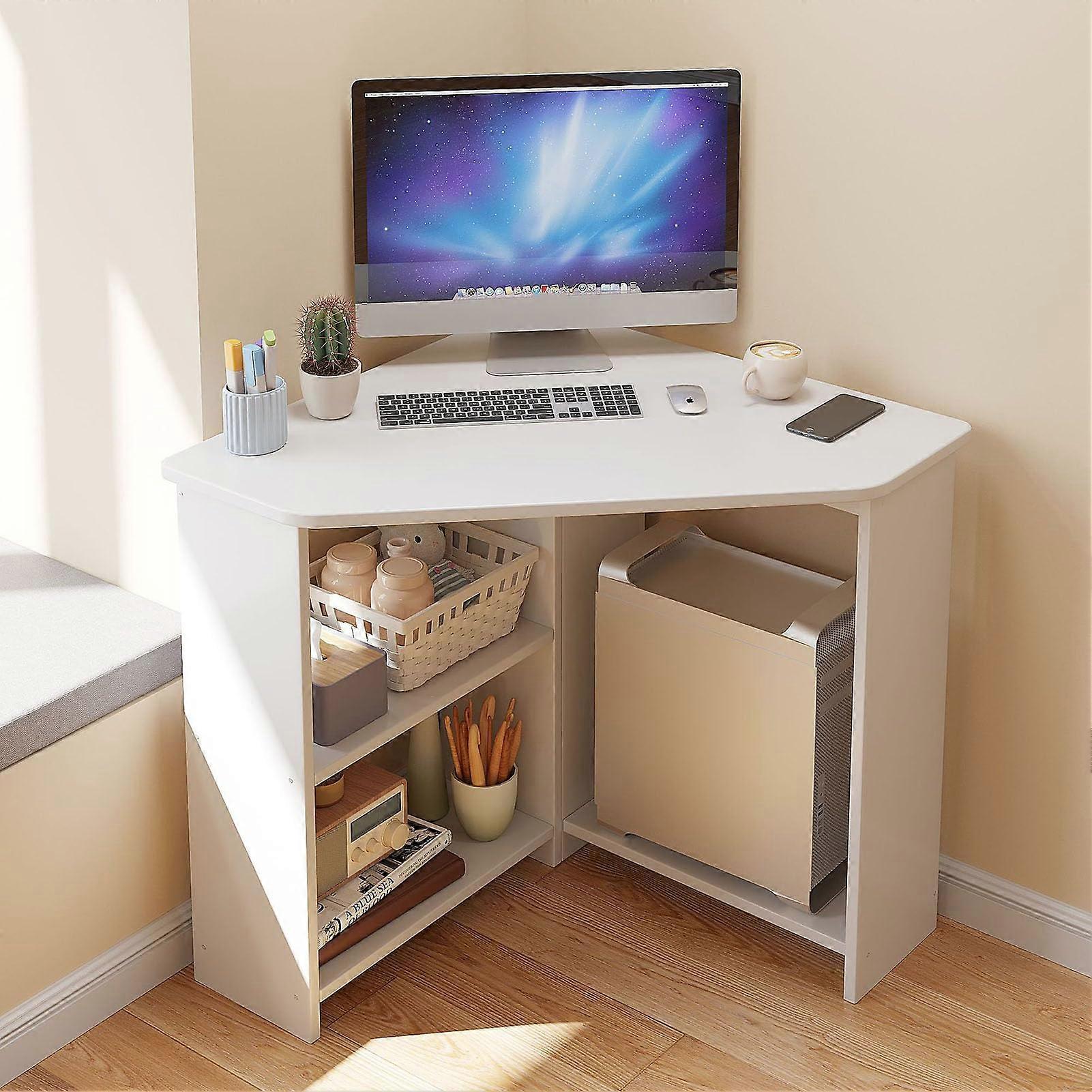 Corner Desk for Small Spaces With Shelves and CStand Triangular Computer Desk White 77x77x74 cm Home Office