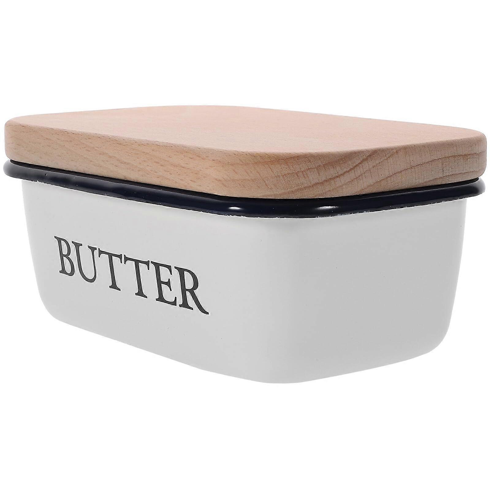 Enamel Butter Dish with Wooden Lid, Porcelain Keeper for Fresh Butter, Countertop and Fridge Storage