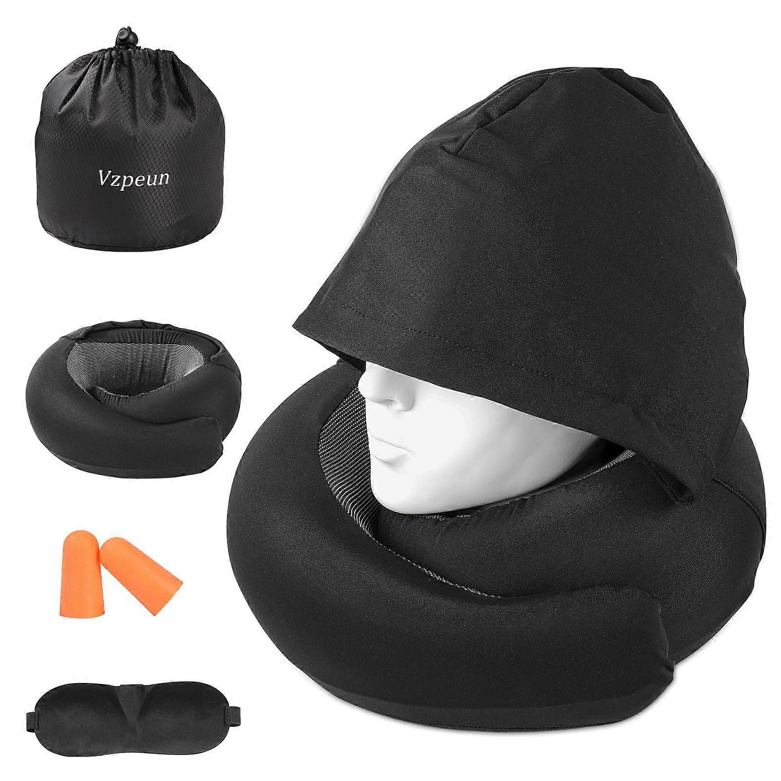 Travel Neck Pillow Memory Foam Hooded Design with Eye Mask and Earplugs for Airplane Flights