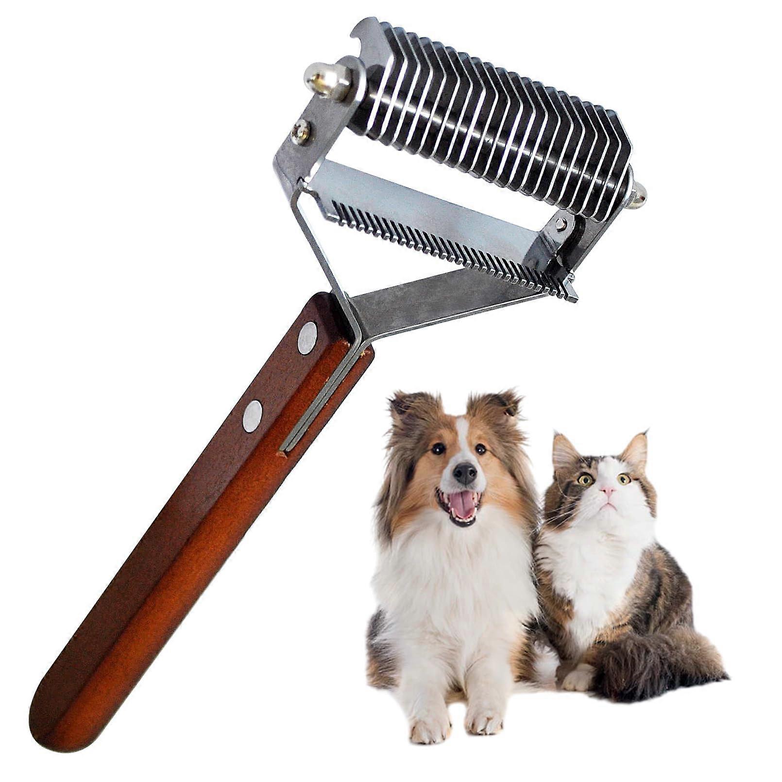 Pet Grooming Comb and Undercoat Rake 2 in 1 with Wooden Handle for Cats and Dogs Knot and Fur Removal
