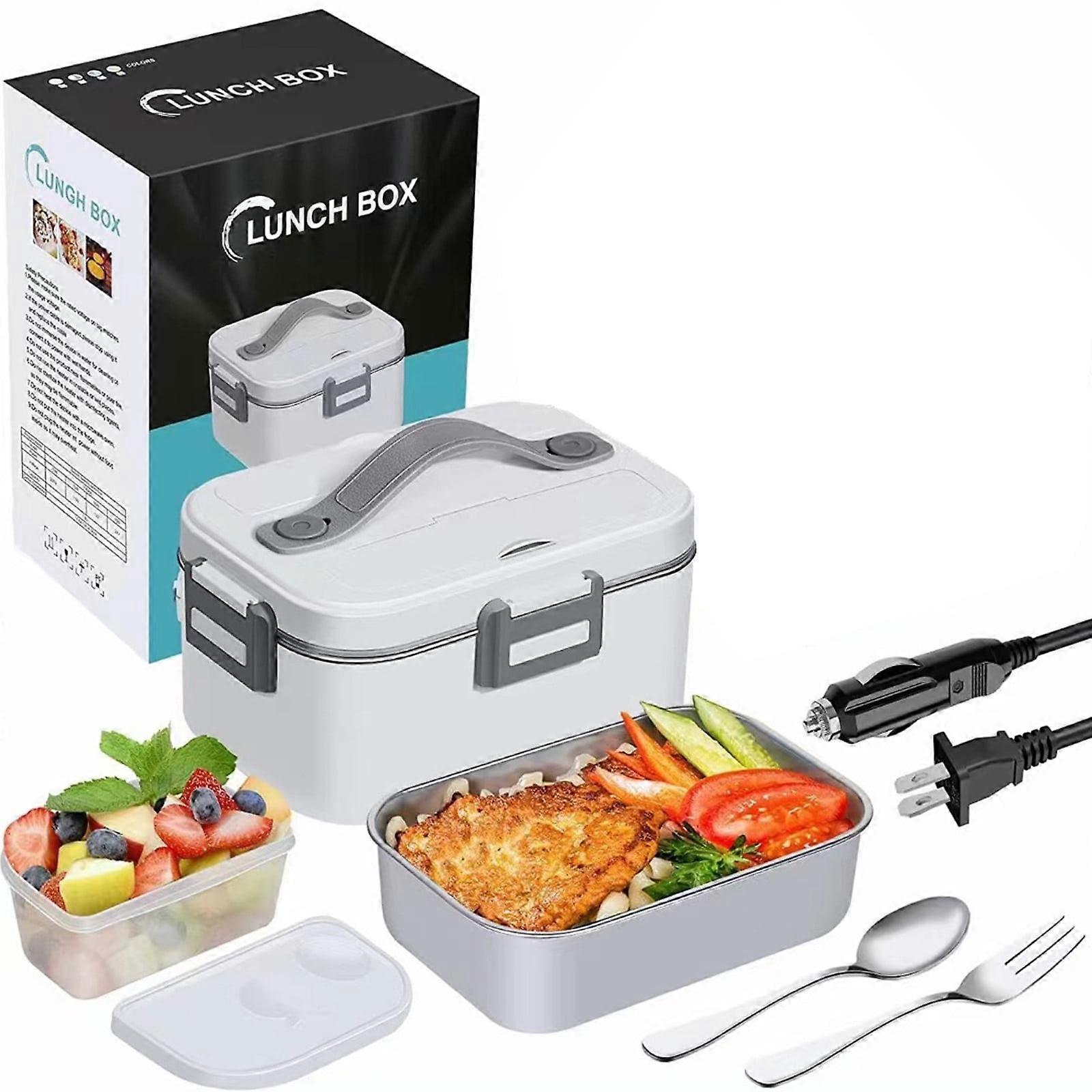 Avtoify 80W 1.8L Electric Lunch Box 12/24/110V, Portable 3-in-1 Heated Food Warmer for Car/Office/Home, with Fork & Spoon, White