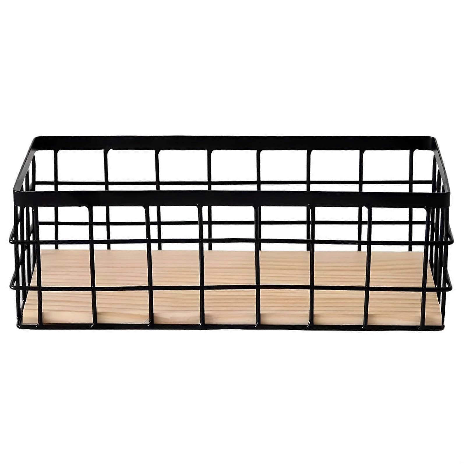 Wall Mounted Storage Basket with Rustic Wood Base, Durable Hanging Wire Shelf for Kitchen Bathroom