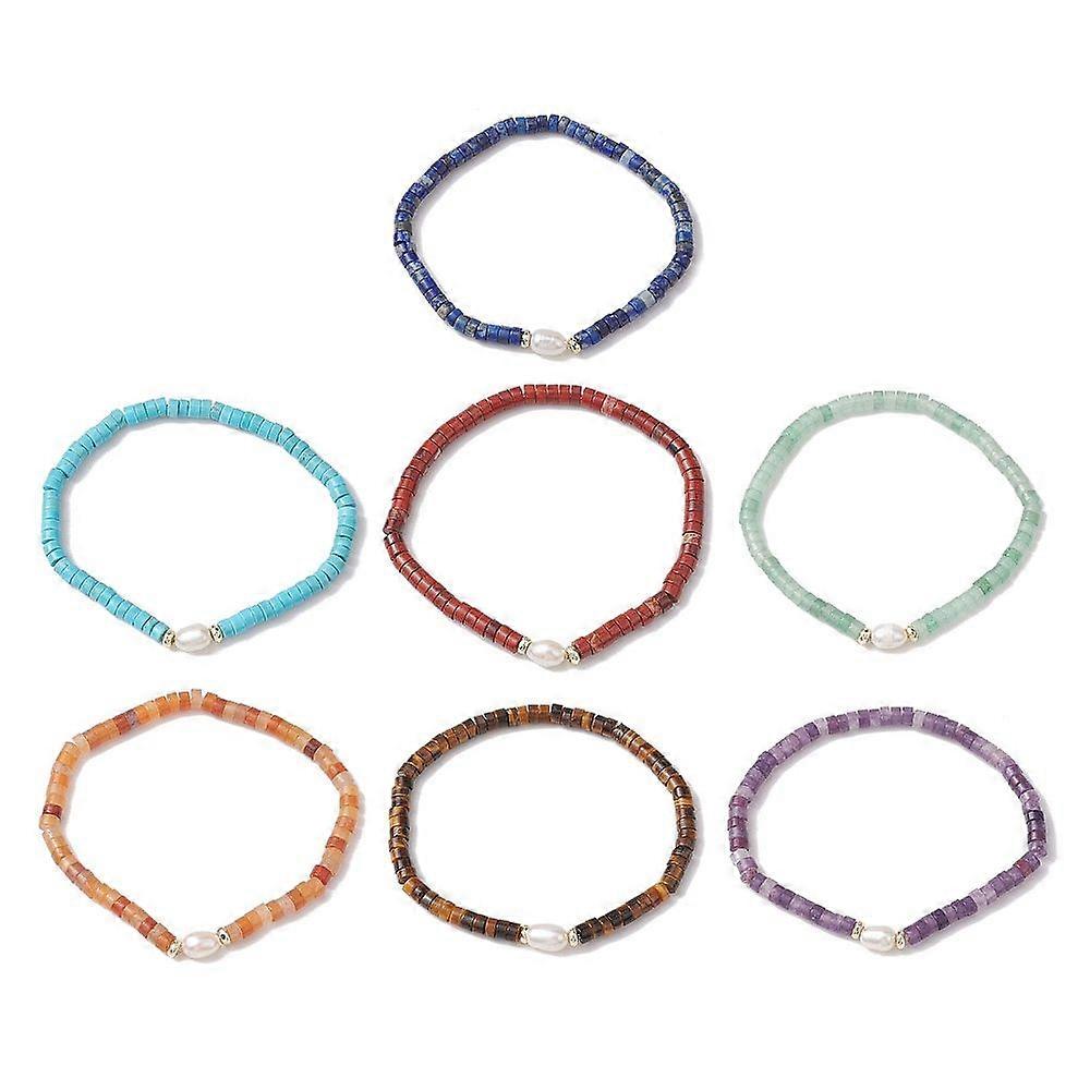 Pulseiras elásticas com contas de pérolas e pedras preciosas naturais. Diâmetro interno: 5 cm (2 polegadas). Conjunto com 7 peças.