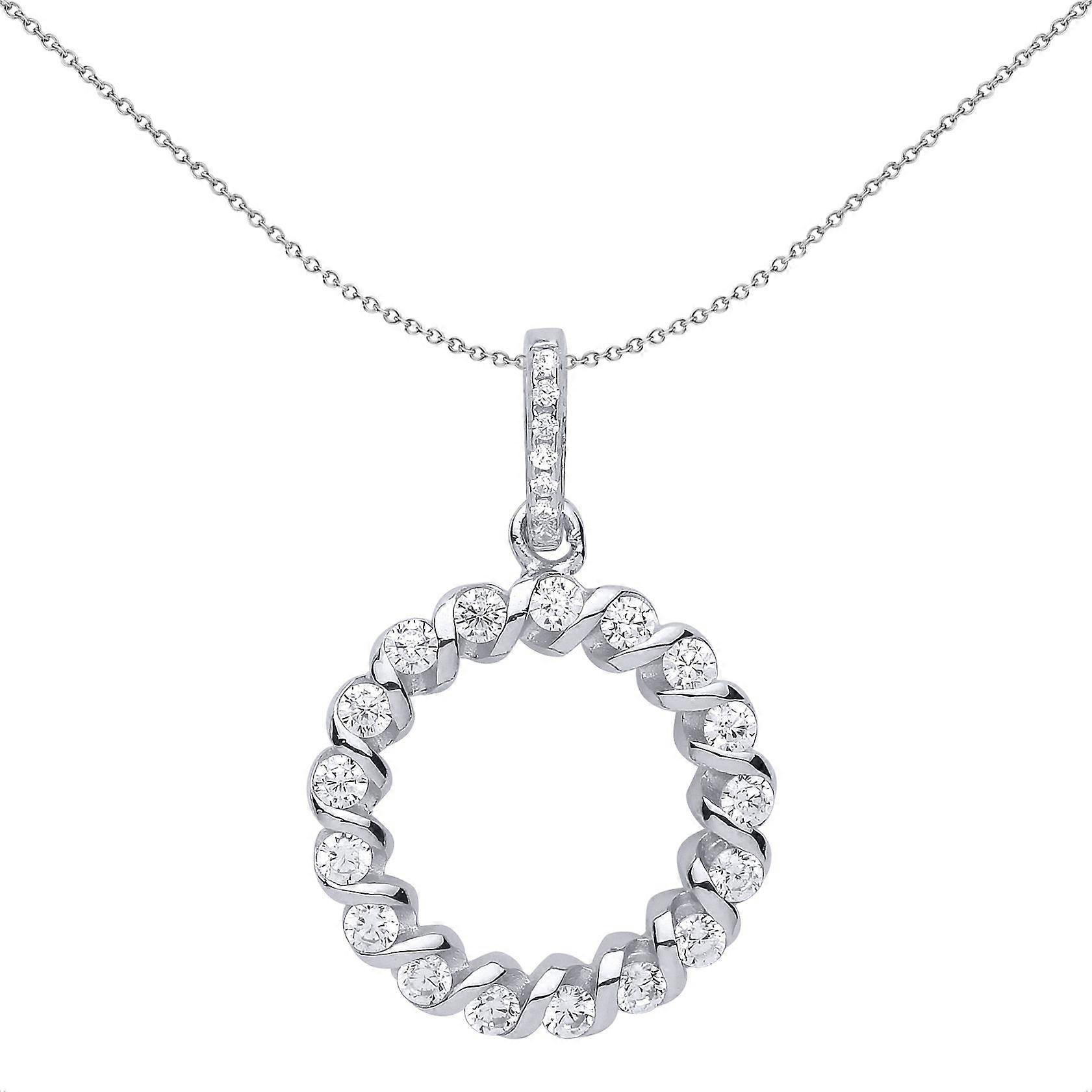 Jewelco London Ladies Sterling Silver Cubic Zirconia Candy Twist Wreath Halo Pendant Necklace 18 inch