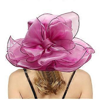 AWZXDE Dame Dresshatt Bred Blad Blomster Bryllupsdusj Solhatt Strandhatt For Elegante Utendørsanledninger Hot Rosa