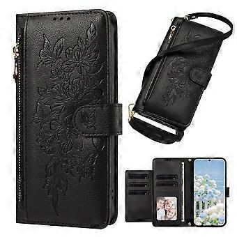 Flip Wallet Phone Case for iPhone 16 Pro Max with Multi Card Holder Zipper Wrist Strap Cash Slots Embossed Butterfly Flower Lanyard