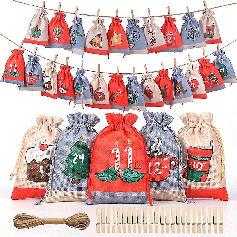 Burlap Advent Calendar Drawstring Candy Bags with Clips 24 Pack