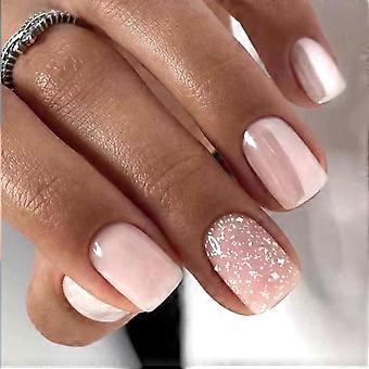 24Pcs Short Square Press On Nails Light Pink Glitter Christmas Set SalonQuality Reusable