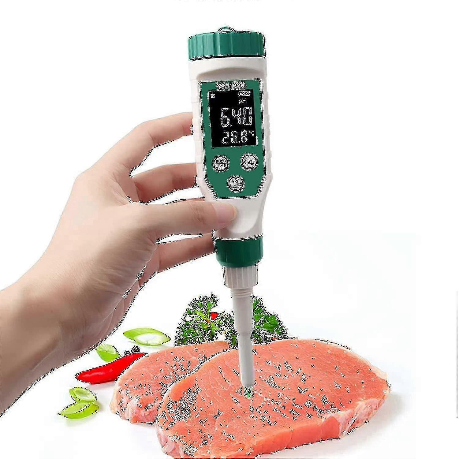 Portable pH tester for meat and fruit with automatic calibration