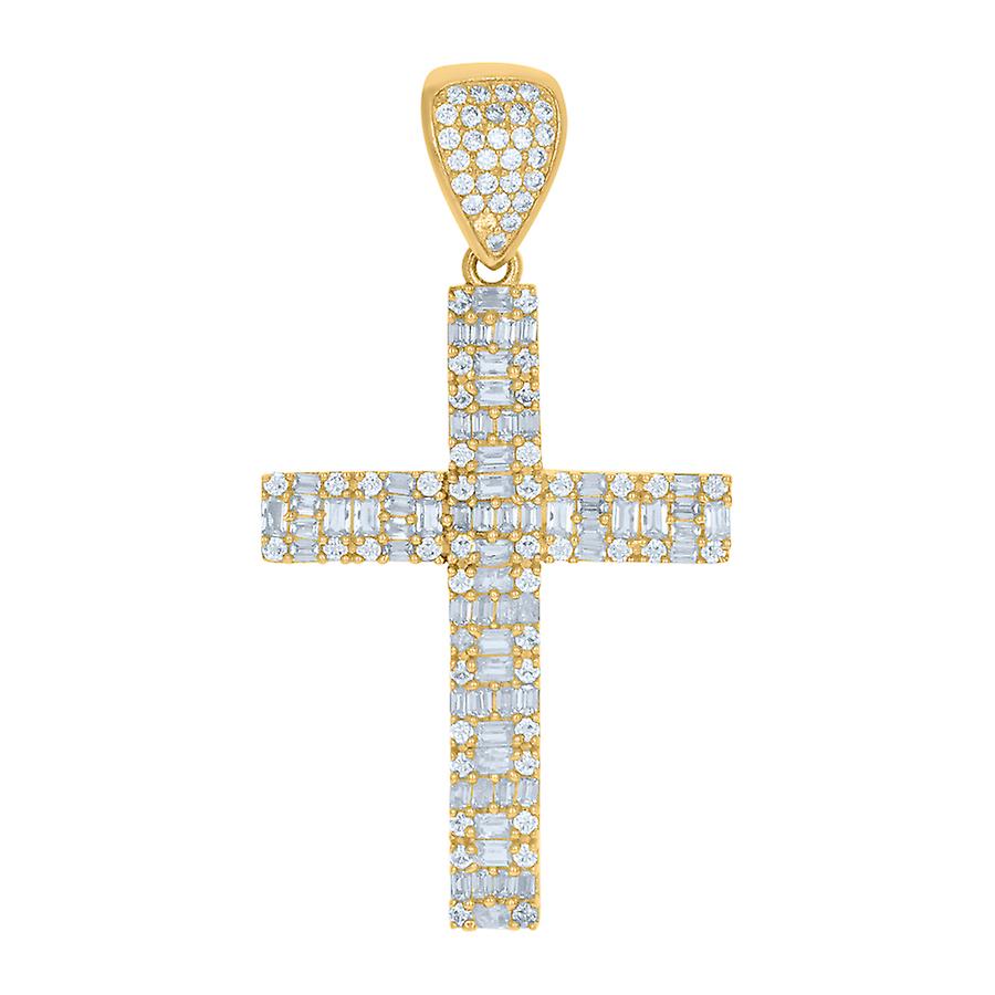 10k Yellow Gold Mens Baguette Round Cubic Zirconia Cross Religious Charm Pendant 42.4x22.7mm Wide Necklace for Men