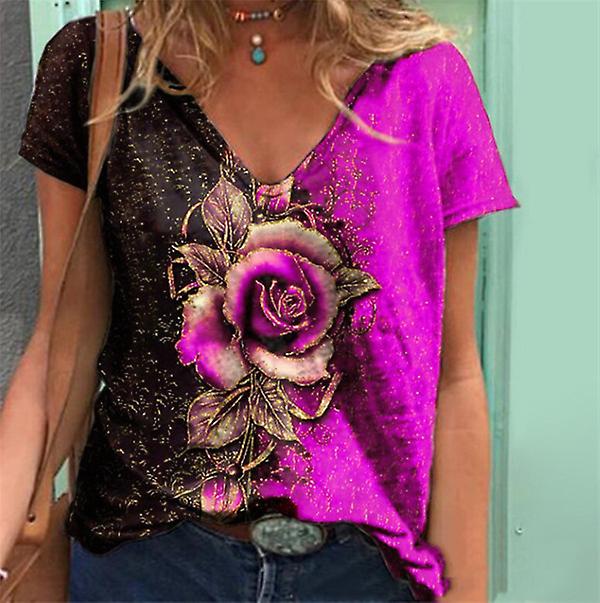 2022 Summer Women's Short-sleeved Hot Selling Brand New V-neck 3d Rose Loose Large Size T-shirt Top