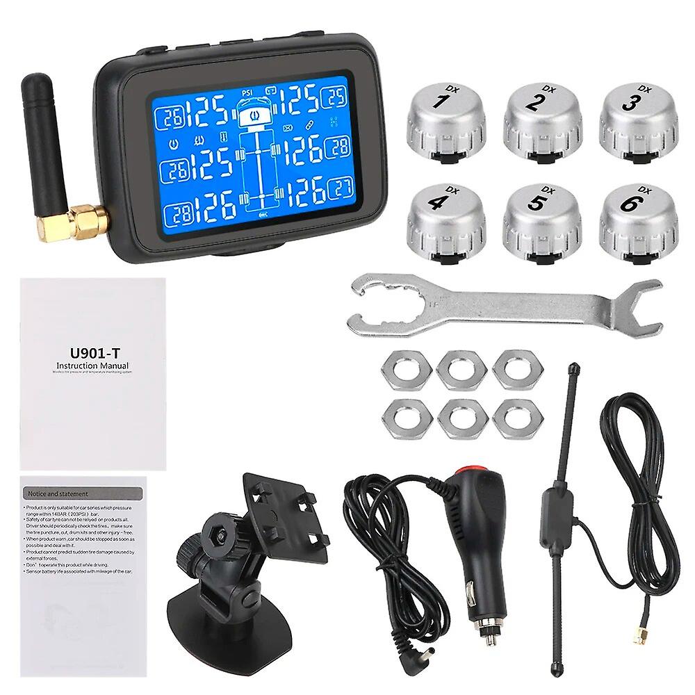 Car Wireless Tire Pressure Monitoring System Auto Truck Bus Tpms Digital Lcd Display Replaceable Battery With 6 External Sensors