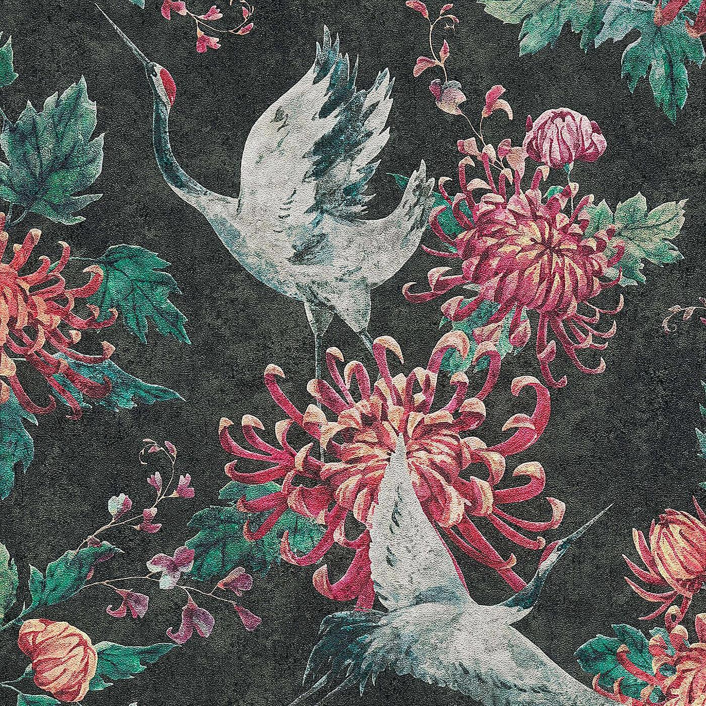AS Creation Oriental Crane Black Wallpaper