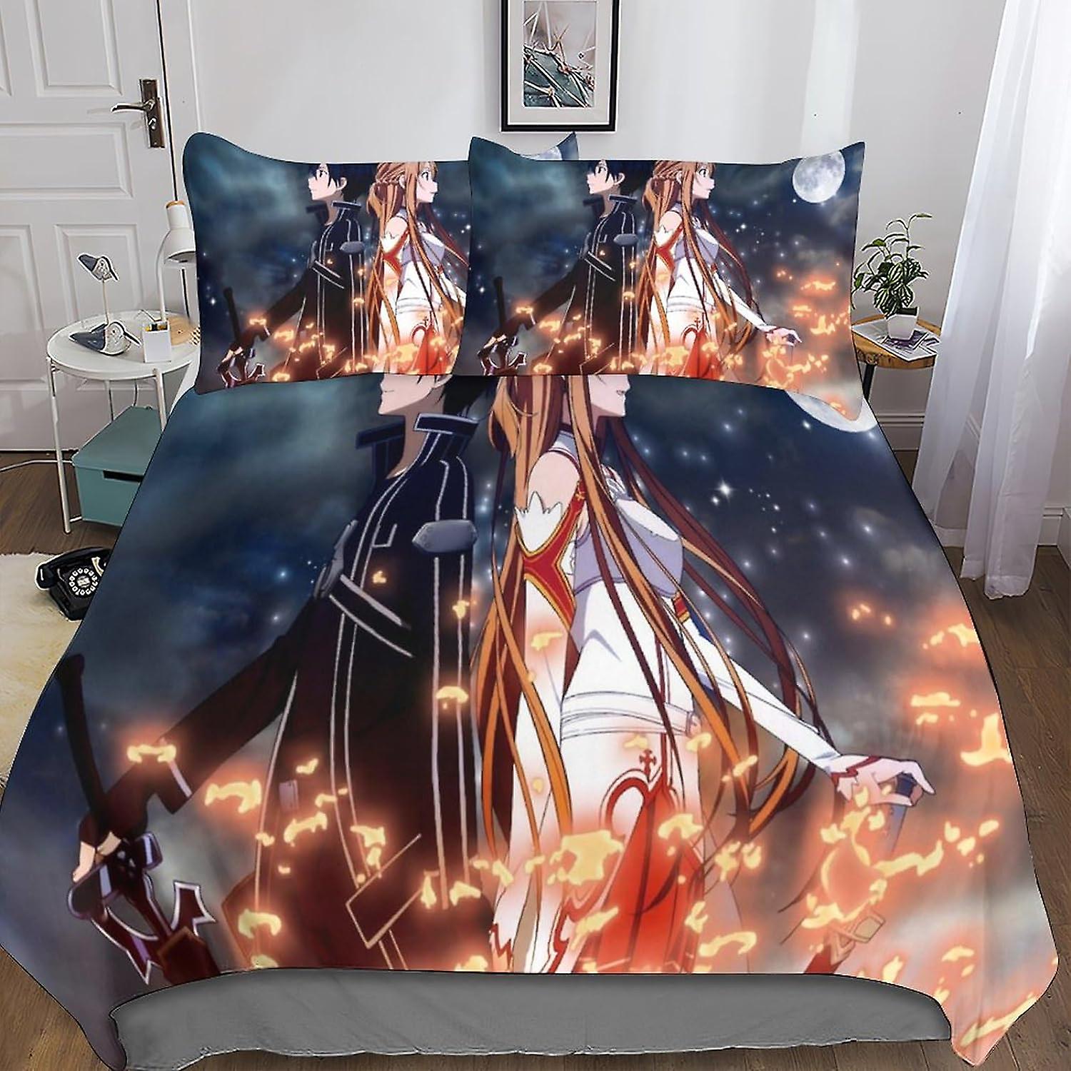Sword Art Online Stylish Quilt Cover Set with Hidden Zipper Closure - Trendy Microfiber Anime Bedding with 3D Print, 3-Piece Set with Pillowcases, Ide