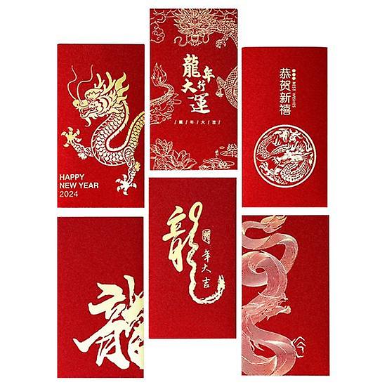 6Pcs Chinese New Year Red Envelopes 2024 Lunar New Year of Dragon Lucky Money Envelopes Red Pockets with 6 Different Golden Embossed Patterns
