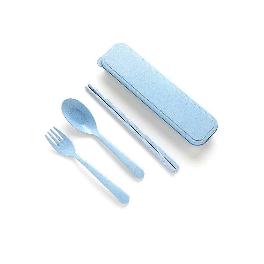 3Pcs/set Healthy Wheat Straw Tableware Portable Travel Dinner Tool with Storage Box(Blue)