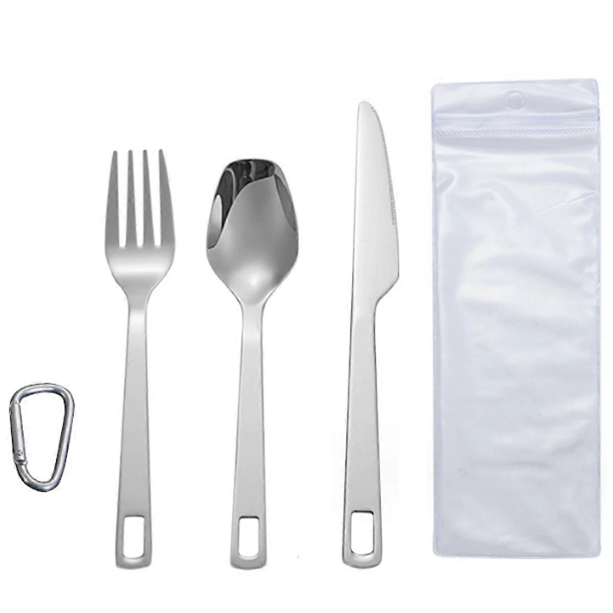 Stainless Steels Flatware Knife Fork Spoon Set Lightweight Ti Camping Utility Cutlery Set with Carrying Bag for Traveling Picnic Hiking