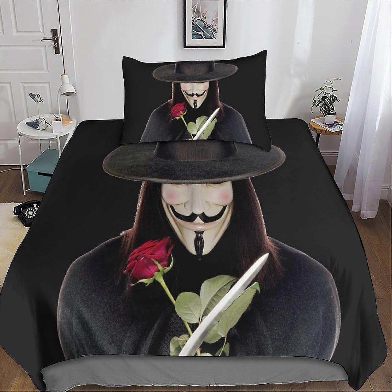 V for Vendetta Bedding Set 3D Duvet Cover, Printed 2 Pieces, Anonymous Microfiber Bedding with Zipper Closure Pillowcases for Single or Double Bed Sin