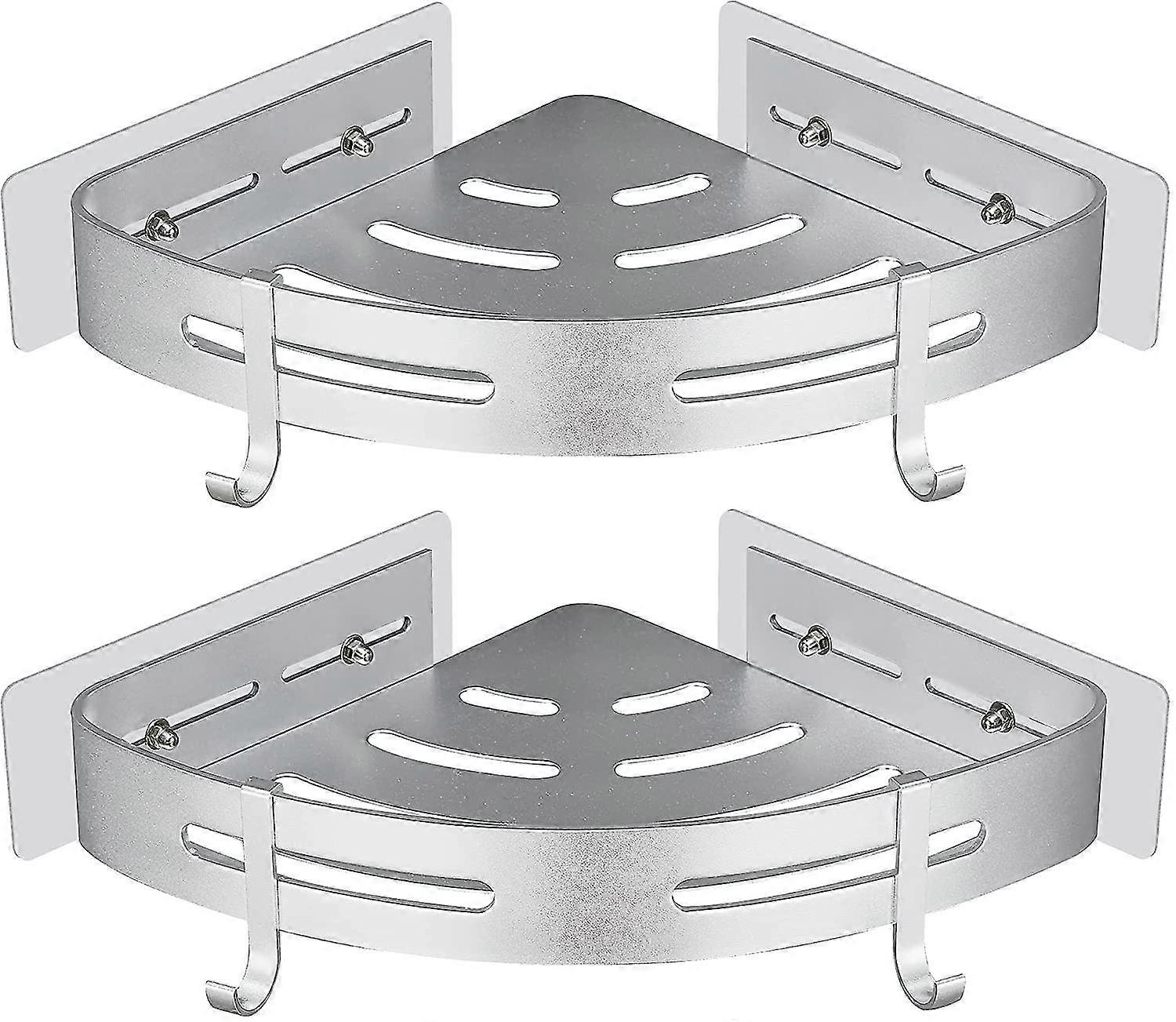 Suction Shower Shelf Mounted without Drill Toilet Rustproof Aluminum Silver 2 Levels Triangular