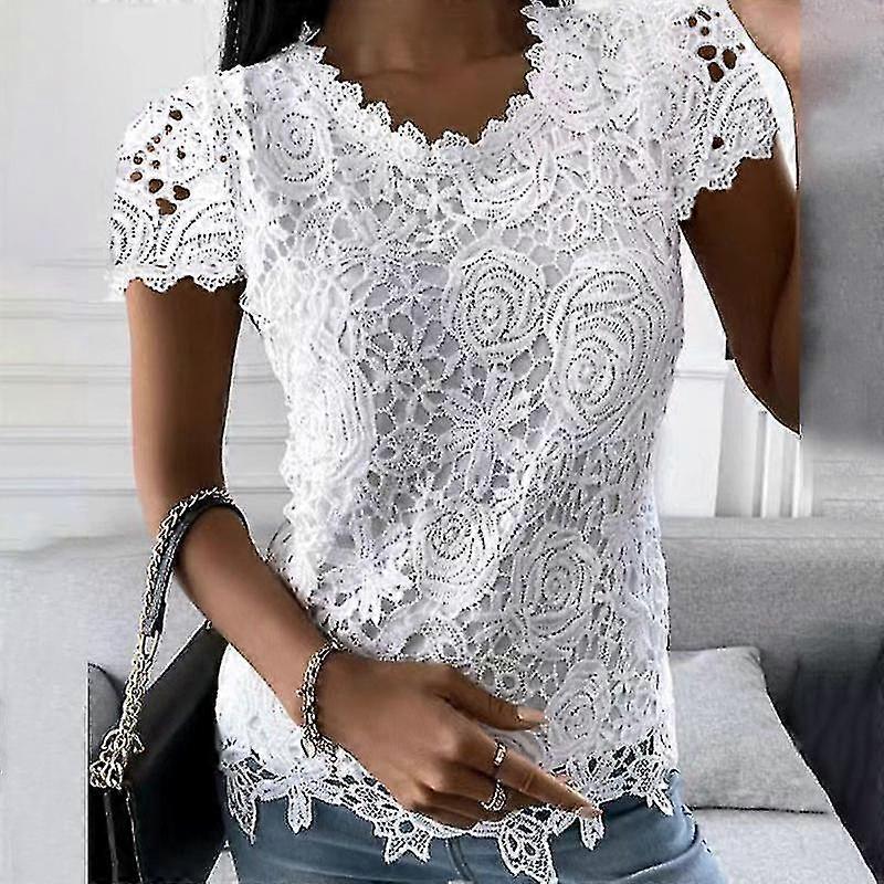여성 반팔 티셔츠 캐주얼 비치 티 레이스 스티치 티셔츠