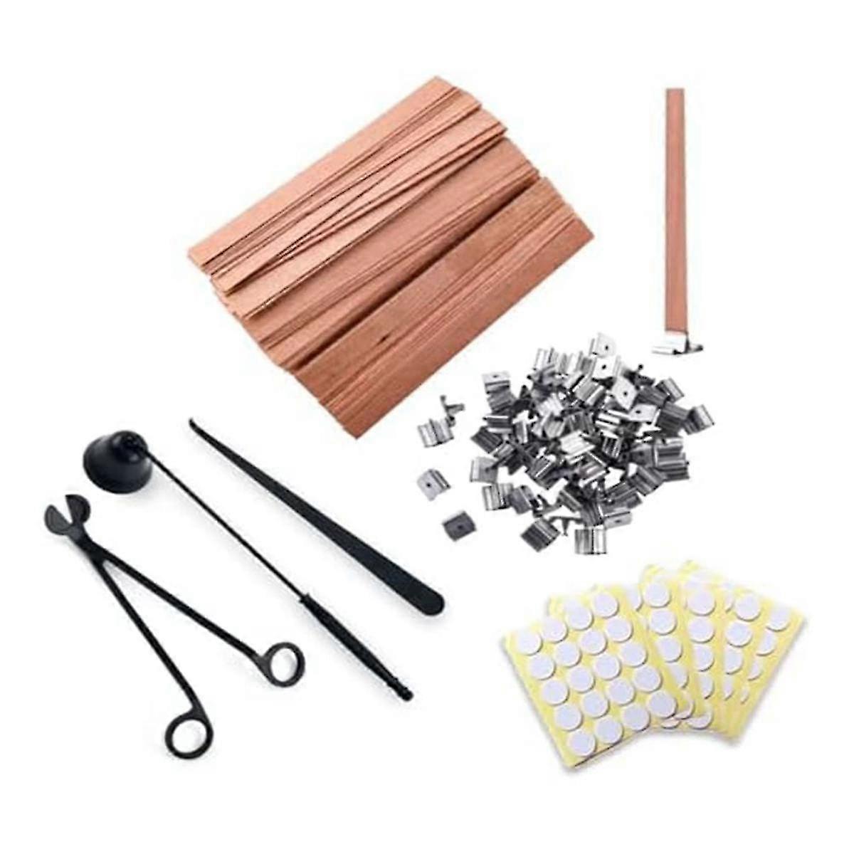 100 Pieces 5.1 x 0.5 Inch Wooden Candle Wicks, Candle Trimmer Set with Iron Stand for DIY Candle Making
