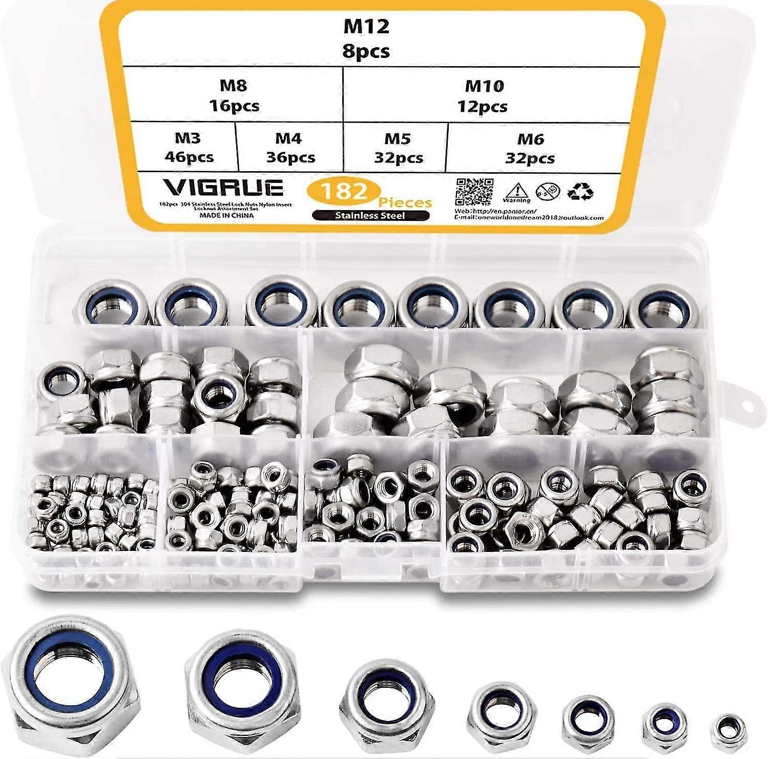 Vigrue Kit 182pcs Nylon Blocking Nut Assortment Kit, Hexagonal Crushes Self-loving Self-loving Locking En 304 Stainless Steel Size M4 M4 M5 M6 M8 M10