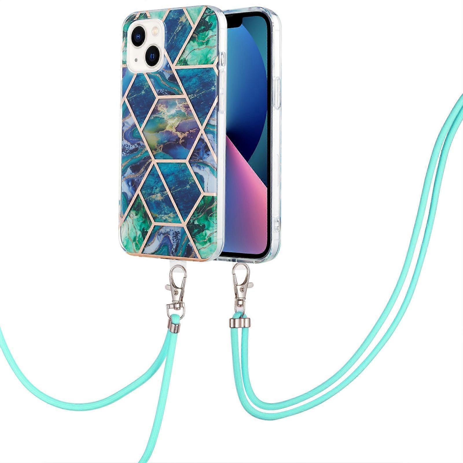 Electroplating Splicing Marble Pattern Dual-side IMD TPU Shockproof Case with Neck Lanyard For iPhone 14